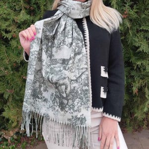 Luxury Cashmere Scarf with Unique Woodland Design | Soft and Warm Winter Shawl for Women | Elegant Scarf with Fringes