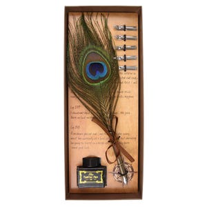 Luxury Peacock Feather Quill Pen Set with Ink & 5 Nibs – Vintage Calligraphy Writing Gift