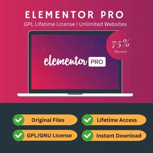 May include: A digital advertisement for Elementor Pro, showing a laptop with the Elementor Pro logo on its screen. The graphic includes text about a GPL lifetime license, unlimited websites, and a 75% discount. Additional text highlights original files, lifetime access, and instant download.
