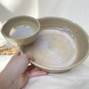 Handmade Ceramic Chip and Dip Bowl: Speckled Beige Pottery Dumpling Dish