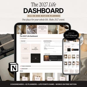 Notion Life Dashboard 2027 Digital Planner All In One Notion Template Minimalist Life Planner Second Brain Daily Planner Habit Tracker