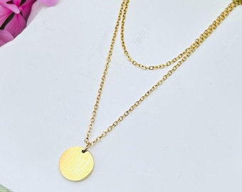 Waterproof Gold Layered Necklace, Stainless Steel Disc Pendant