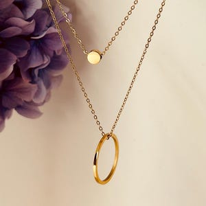Waterproof Gold Necklace, Double Layered Gold Pendant Necklace, Long Gold Necklace, Open Circle Pendant, Gold Disc Necklace