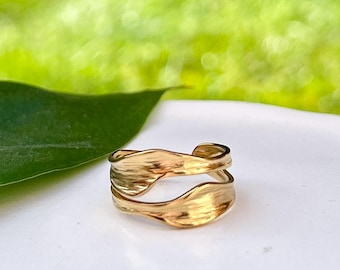 Waterproof Gold Ring, Minimalist Gold Wave Ring, Abstract Gold Band, Adjustable Statement Ring, Dainty Gold Jewelry