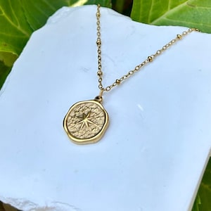 May include: A gold-colored necklace with a compass pendant. The pendant has a textured surface and a star design in the center. The necklace chain is delicate with small, round beads. The necklace is displayed on a white surface with green foliage in the background.
