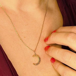 Waterproof Gold Necklace, Crescent Moon Necklace, Hammered Gold Necklace, Long Necklace, Tarnish Free Gold, Celestial Moon