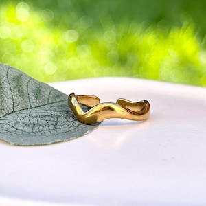 May include: A gold-colored, abstract-shaped ring. The ring has a smooth, flowing design with a slightly open band. The ring is made of a shiny, metallic material and is set against a blurred green and white background. Jewelry.