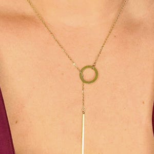 Waterproof Gold Necklace, Gold Lariat Necklace, Clavicle Necklace, Long Necklace, Pendant Necklace, Circle Pendant, Interlocking Necklace
