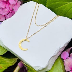 Waterproof Gold Necklace, Crescent Moon Necklace, Hammered Gold Necklace, Long Necklace, Layered Necklace, Celestial Moon