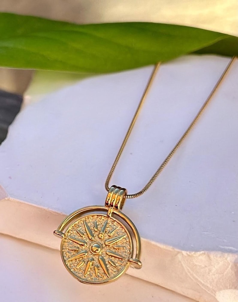 Horizontal Card Compass Gold Compass Necklace, Celestial Sunburst Pendant, Waterproof Gold ...