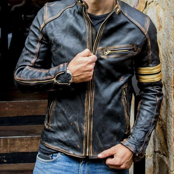 Men's Black Biker Vintage Motorcycle Distressed Cafe Racer Leather Jacket