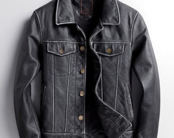 Mens Real Genuine Leather Jacket Biker Cafe Racer vintage Black Trucker Jacket