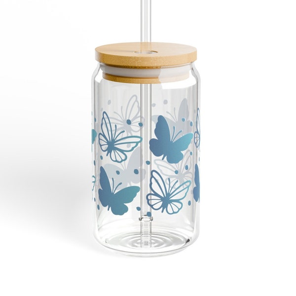 Butterfly Glass Tumbler 16oz, Iced Coffee Glass Cup, Bamboo Lid & Tritan plastic straw, Birthday Gift for her, Gift for Mom