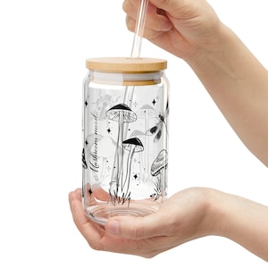 Magic Mushroom Sipper Glass, 16oz - Iced Coffee Tumbler, Best Friend Gift, Glassware, Drinkware, Clear Cup, Unique Present