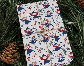 Christmas Angels Wrapping Paper, Christmas Gift Wrap, Seamless Vintage Angels Pattern, Xmas Packaging Supplies