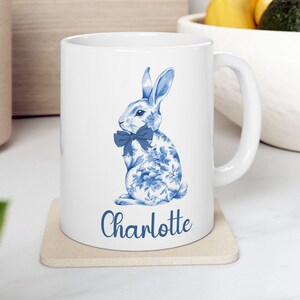 Blue Easter Bunny Ceramic Mug, Kids Gift, Easter Mom Gift, Floral Bunny Trendy Mug, Personalized Mug, Easter Gift, Mother&#39;s Day Gift, Easter