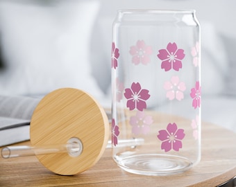 Sakura Flower Iced Coffee Tumbler: 16oz Sipper Glass with Bamboo Lid