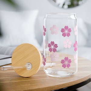 Pink Sakura Flowers Iced Coffee Glass Tumbler 16oz, Coffee Sipper, Birthday Gift Idea, Mother&#39;s Day Gift Idea, Gift for Mom, Gift for Her