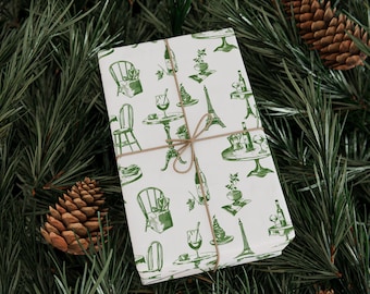 Paris Gift Wrap: Elegant Nostalgic Design, Green Christmas Pattern