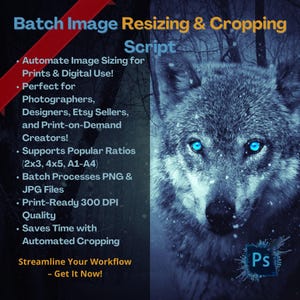 Könnte beinhalten: Werbebild für ein Batch-Bildgrößenänderungs- und Zuschneideskript. Der Text hebt Funktionen wie automatische Größenanpassung und druckfertige Qualität hervor. Das Bild zeigt eine detaillierte Illustration eines Wolfes mit markanten blauen Augen vor dunklem, verschneitem Hintergrund.