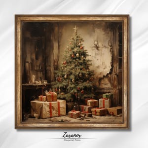 Rustic Christmas Wall Art – Vintage Tree and Presents Print (Digital Download)