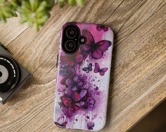 Phone Case, Pink/Purple Hearts/Butterflies Tough iPhone/Samsung/Pixel Matte/Glossy Cover, Cute Girly Floral Design, Protective Phone Case