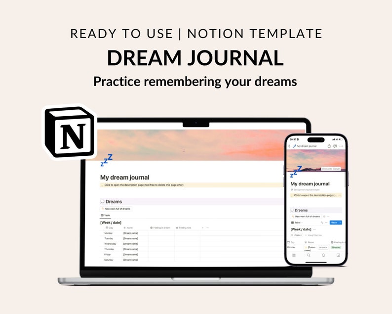 Dream journal Notion template Digital dream journal Dream logging journal Dream journal template image 1
