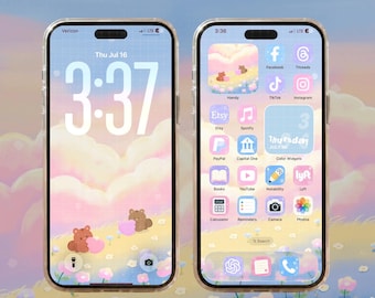 Paket med glödande sommarappikoner | Söta pastellfärgade iPhone iPad-ikoner + widgets och bakgrundsbilder | Estetiskt iOS-tema
