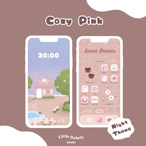 Puede incluir: Una maqueta de pantalla de tel&eacute;fono rosa y marr&oacute;n con una linda casa de dibujos animados y un reloj que marca las 20:00. La pantalla del tel&eacute;fono est&aacute; etiquetada como "Cozy Pink" y "Sweet Dream". La pantalla del tel&eacute;fono tambi&eacute;n tiene iconos para aplicaciones como C&aacute;mara, Fotos, Facebook, Messenger, Reloj, Line, Instagram, FaceTime y B&uacute;squeda. La pantalla del tel&eacute;fono est&aacute; etiquetada como "Night Theme" en la parte inferior.