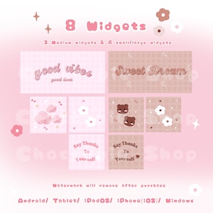 Puede incluir: Un conjunto de 8 widgets digitales para tel&eacute;fonos y tabletas. Los widgets presentan lindas ilustraciones de nubes, osos, flores y texto que dice "good vibes", "sweet dream" y "say thanks to yourself".