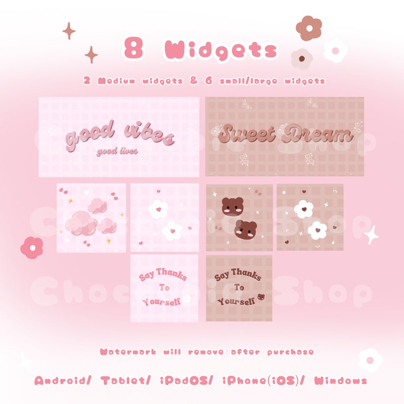 Puede incluir: Un conjunto de 8 widgets digitales para tel&eacute;fonos y tabletas. Los widgets presentan lindas ilustraciones de nubes, osos, flores y texto que dice "good vibes", "sweet dream" y "say thanks to yourself".