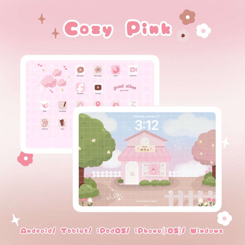 Puede incluir: Una pantalla de tableta digital rosa y blanca con un fondo ilustrado rosa y blanco. La pantalla muestra un reloj con la hora 3:12 y la fecha s&aacute;bado 27 de enero. El fondo presenta un edificio rosa con una valla blanca y dos &aacute;rboles. El texto "Cozy Pink" se muestra en la parte superior de la pantalla.