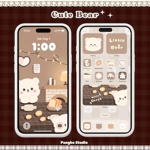 May include: Two smartphones displaying a custom digital interface with a brown and cream colour palette. The screens feature bear-themed icons, widgets, and wallpapers with illustrations of a white bear, cookies, and text reading Little Bear.