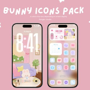 May include: Two smartphones with a bunny-themed interface and app icons, set against a pink backdrop. The text "BUNNY ICONS PACK" is visible. One screen shows the time as 8:41, the other 08:38. The screens have a cute, cartoonish aesthetic.
