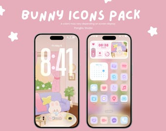 Handritade kanin-iOS- och Android-appikoner – Pastell kawaii iPhone-tema, estetiska appikoner, söta appikoner