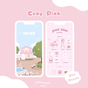 Puede incluir: Una maqueta de pantalla de tel&eacute;fono rosa y blanca con una ilustraci&oacute;n de dibujos animados de una casa con una piscina y un reloj que marca las 10:00. El lado derecho de la pantalla muestra una cuadr&iacute;cula de iconos de aplicaciones con el texto "good vibes good lives" y "Doy Theme".
