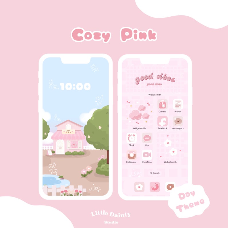Puede incluir: Una maqueta de pantalla de tel&eacute;fono rosa y blanca con una ilustraci&oacute;n de dibujos animados de una casa con una piscina y un reloj que marca las 10:00. El lado derecho de la pantalla muestra una cuadr&iacute;cula de iconos de aplicaciones con el texto "good vibes good lives" y "Doy Theme".