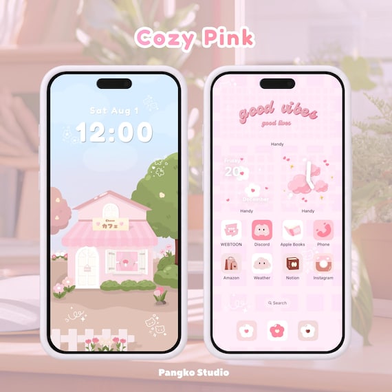 Cozy Pink Phone Theme, Day and Night, Pink icons | iOS & Android Icons, Widgets