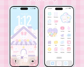 Paquete de iconos de conejitos adorables / Iconos pastel / Tema de teléfono bonito / Tema de teléfono estético / iOS, Android / Iconos de aplicaciones para estudiantes / Configuración del teléfono