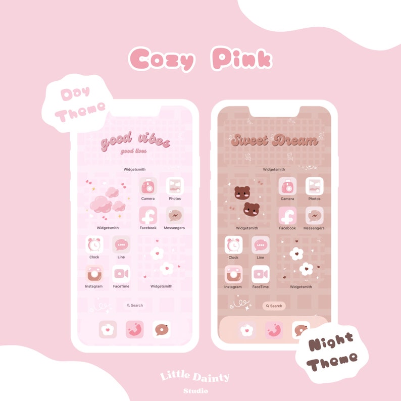 Puede incluir: Una maqueta de pantalla de tel&eacute;fono rosa y marr&oacute;n con dos temas diferentes. El primer tema se llama "Good Vibes, Good Lives" y presenta un fondo rosa con flores blancas y nubes. El segundo tema se llama "Sweet Dream" y presenta un fondo marr&oacute;n con osos marrones y flores blancas. Ambos temas tienen iconos para varias aplicaciones, incluyendo C&aacute;mara, Fotos, Facebook, Mensajeros, Reloj, L&iacute;nea, Instagram, FaceTime y B&uacute;squeda.