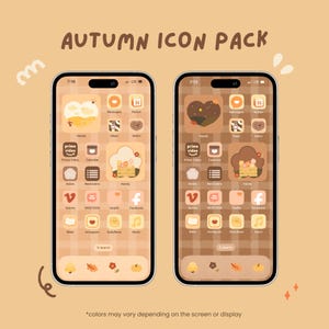 Puede incluir: Dos capturas de pantalla de un teléfono móvil que muestra una pantalla de inicio personalizada con iconos de temática otoñal. Los iconos están en un patrón de cuadrícula y presentan una variedad de aplicaciones, incluyendo Prime Video, Calendario, Notas, Recordatorios, Práctico, Instagram, DailyBean y Música. El fondo es un patrón de cuadros marrones y blancos con hojas de otoño y calabazas en la parte inferior.