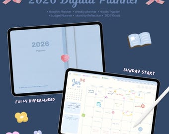 Digital planerare 2026, månatlig veckorapport, klistermärken (Goodnotes, Notability)