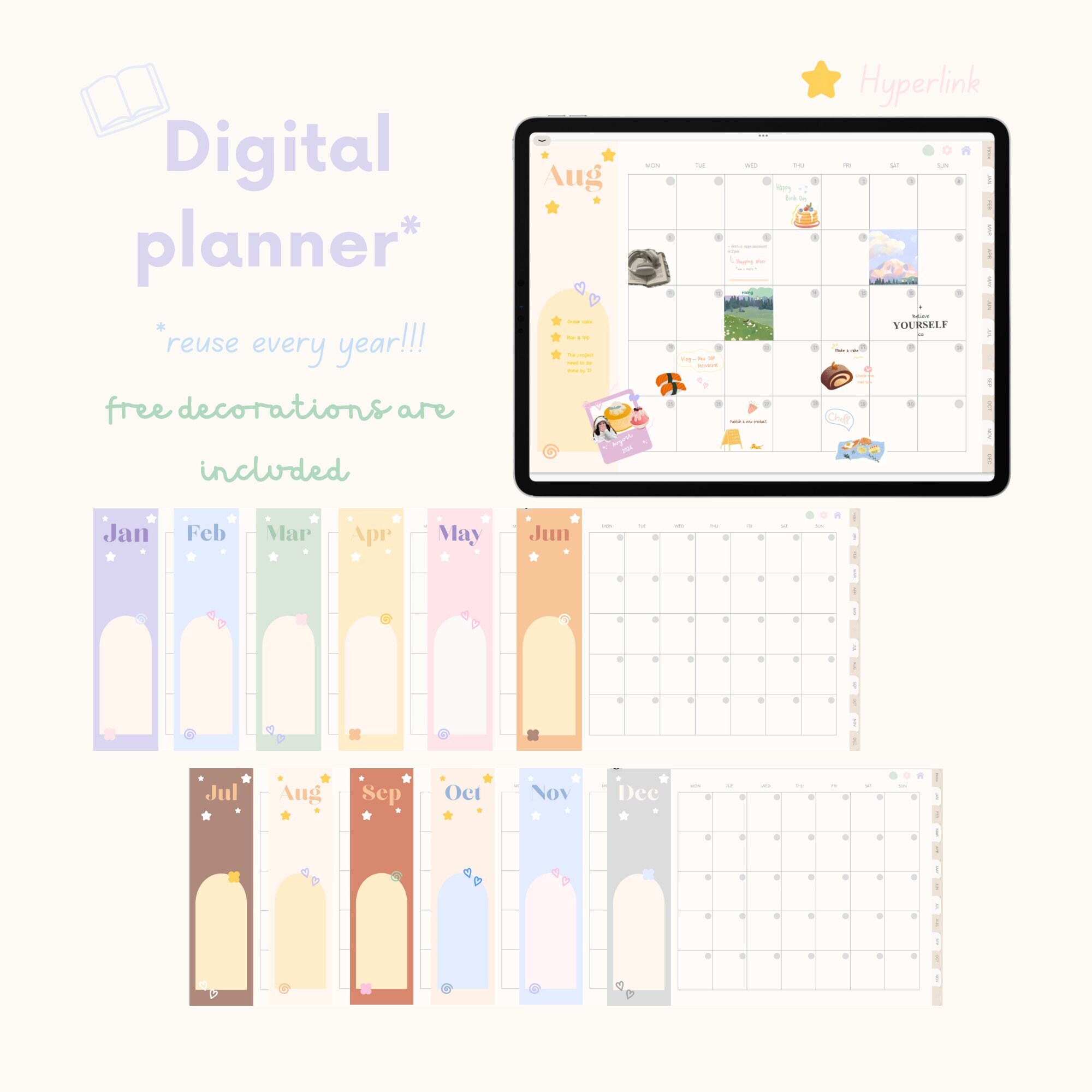 Digital Planner, Hyperlinks, 2024 Planner, All Hear Planner, Free Style