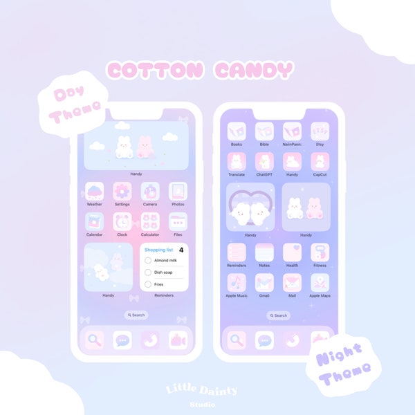 Cotton candy phone theme | Day to night phone theme | cute icons pack | pink icons | blue icons | purple icons | Bunny  | iOS Android