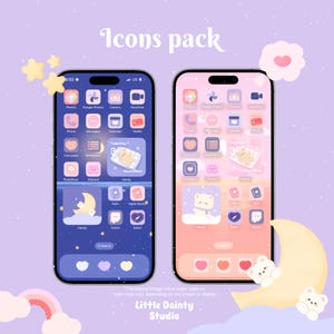 May include: Two phone screens with a pastel pink and blue colour scheme. The screens display a variety of app icons with cute illustrations of bears and stars. The text "Icons pack" is at the top of the image.