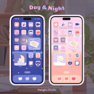 May include: Two smartphones displaying custom app icon themes labeled Day & Night. The left screen features a dark blue night theme with a moon and bear widget. The right screen shows a light pink day theme with a bear widget. Both have white cases.
