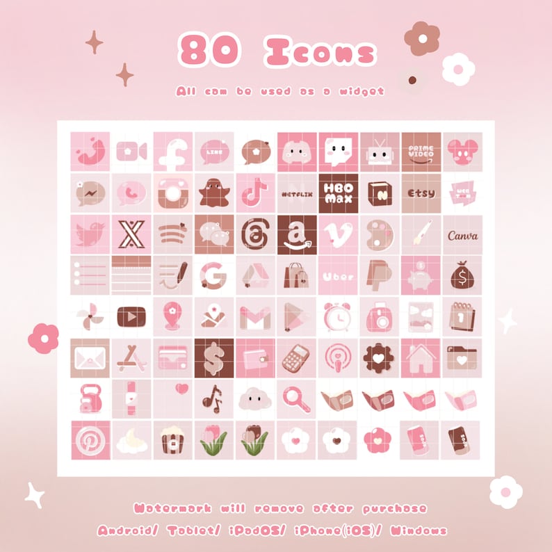 Puede incluir: Un conjunto de 80 iconos rosas y marrones para aplicaciones de redes sociales, sitios web y otros servicios. Los iconos est&aacute;n dispuestos en una cuadr&iacute;cula sobre un fondo rosa. El texto "80 Iconos" est&aacute; en la parte superior de la imagen. El texto "Todo se puede usar como un widget" est&aacute; debajo del t&iacute;tulo. El texto "La marca de agua se eliminar&aacute; despu&eacute;s de la compra" est&aacute; en la parte inferior de la imagen. El texto "Android/ Tableta/ iPadOS/ iPhone (iOS)/ Windows" est&aacute; debajo de la marca de agua.