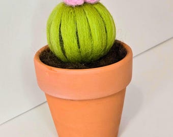 Handmade Needle Felt Cactus in Terracotta Pot | Wool Plant Decor, Pink Flower Accent