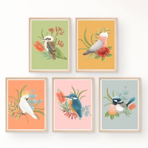 Australian Native Wildlife Bird Kookaburra, Cockatoo, Kingfisher, Galah, Wren and Native Flower Print Set of 5 / Digital Download