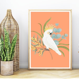 Australian Native Wildlife Bird Cockatoo and Native Flower Print / Wall Art / Digital Download Print / 5 Sizes Included